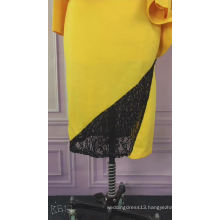 Yellow Mid Waist Ruffle Mid-calf Slim Lace Patchwork Lady Career Dress